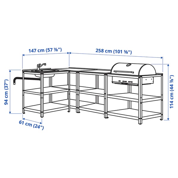 GRILLSKÄR - Sink/barbecue cabinet carbon est, stainless steel, 258x147 cm