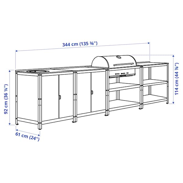 GRILLSKÄR - Sink/barbecue cabinet carbon est, stainless steel, 344x61 cm