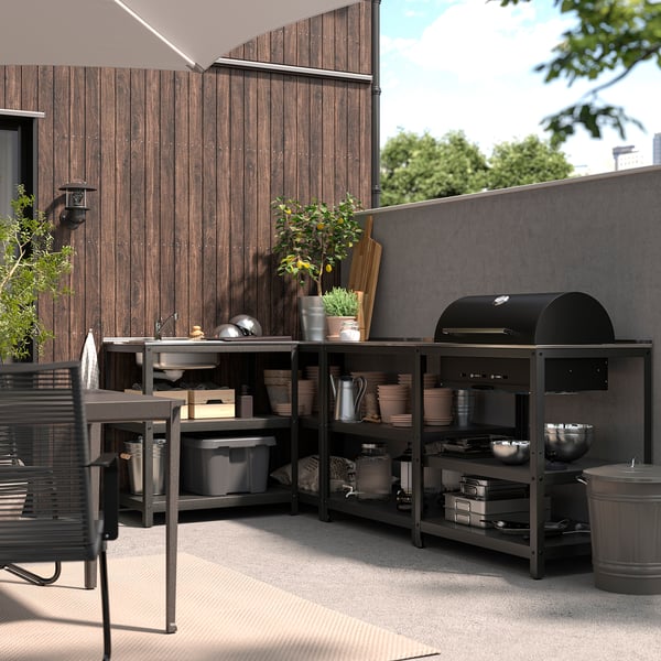 GRILLSKÄR - Sink/barbecue cabinet carbon est, stainless steel, 258x147 cm