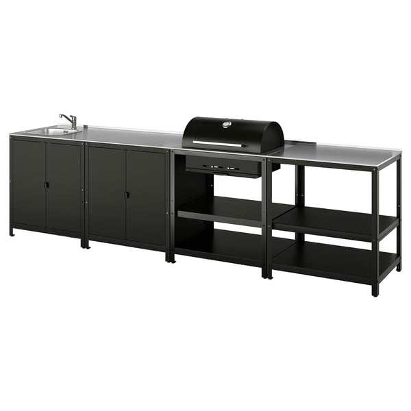 GRILLSKÄR - Sink/barbecue cabinet carbon est, stainless steel, 344x61 cm
