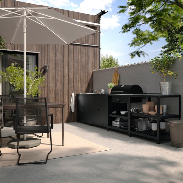 GRILLSKÄR - Sink/barbecue cabinet carbon est, stainless steel, 344x61 cm