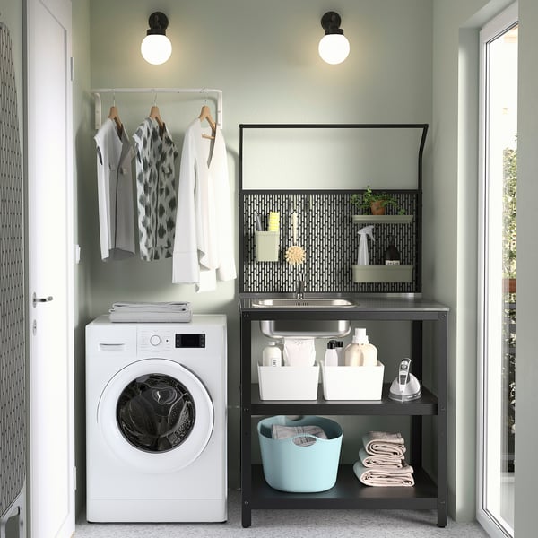 GRILLSKÄR - Sink cabinet/back panel, stainless steel/outdoor, 86x61x176 cm