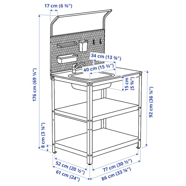 GRILLSKÄR - Sink cabinet/back panel, stainless steel/outdoor, 86x61x176 cm