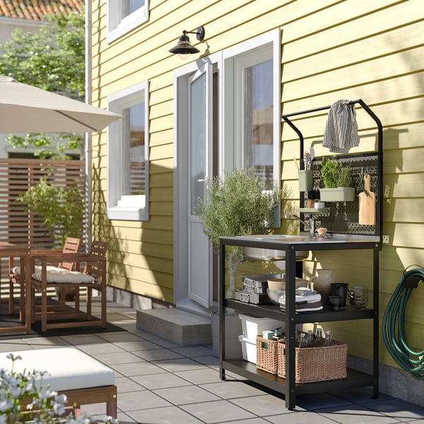 GRILLSKÄR sink unit w back panel, stainless steel/outdoor, 86x61x176 cm