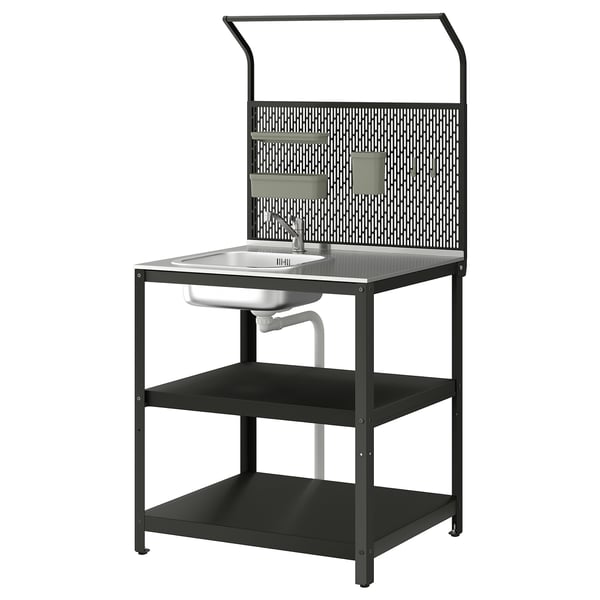 GRILLSKÄR - Sink cabinet/back panel, stainless steel/outdoor, 86x61x176 cm