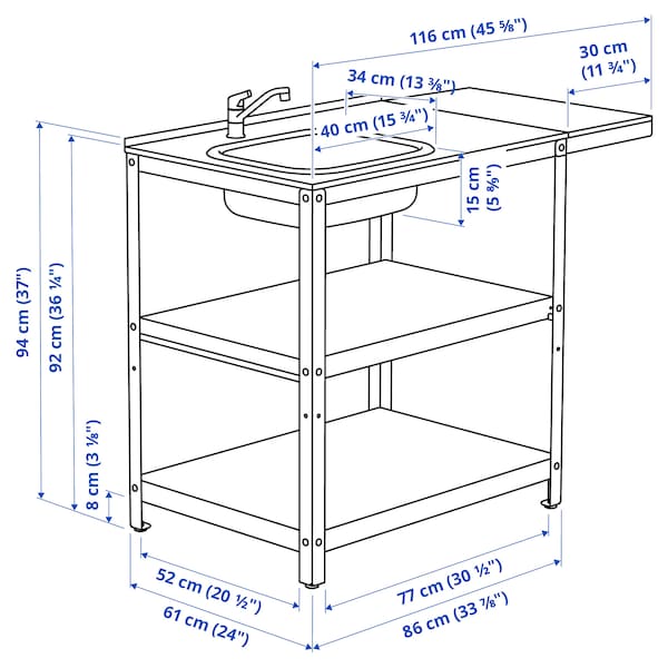 GRILLSKÄR - Sink cabinet with table, stainless steel/outdoor, 93/116x61 cm