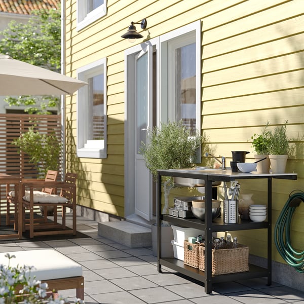 GRILLSKÄR - Sink cabinet with table, stainless steel/outdoor, 93/116x61 cm