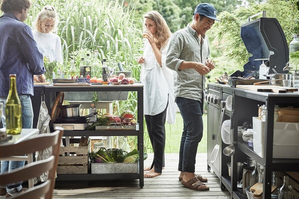 GRILLSKÄR - GRILLSKÄR Kitchen island shelf unit, black/stainless steel outdoor, 86x61 cm
