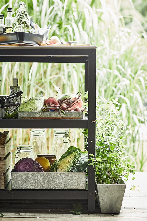 GRILLSKÄR kitchen island shelf unit, black/stainless steel outdoor, 86x61 cm