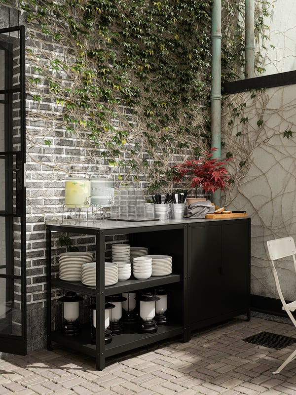 GRILLSKÄR - GRILLSKÄR Kitchen island shelf unit, black/stainless steel outdoor, 86x61 cm
