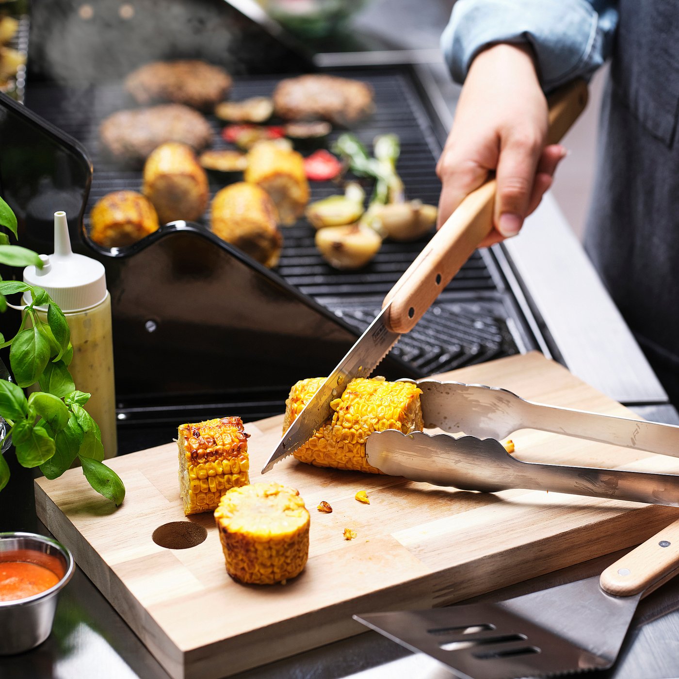 GRILLTIDER 3-piece barbecue tools set, stainless steel/beech