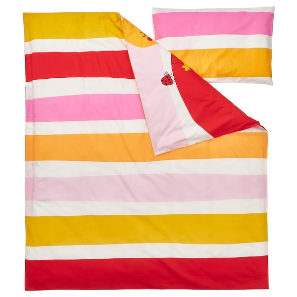 GRÖNFINK - Duvet cover 1 pillowcase for cot, multicolour/striped, 110x125/35x55 cm