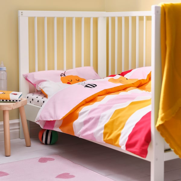 GRÖNFINK - Duvet cover 1 pillowcase for cot, multicolour/striped, 110x125/35x55 cm