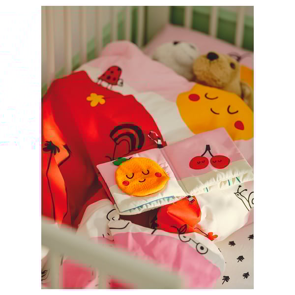 GRÖNFINK - GRÖNFINK Duvet cover 1 pillowcase for cot, multicolour/striped, 110x125/35x55 cm