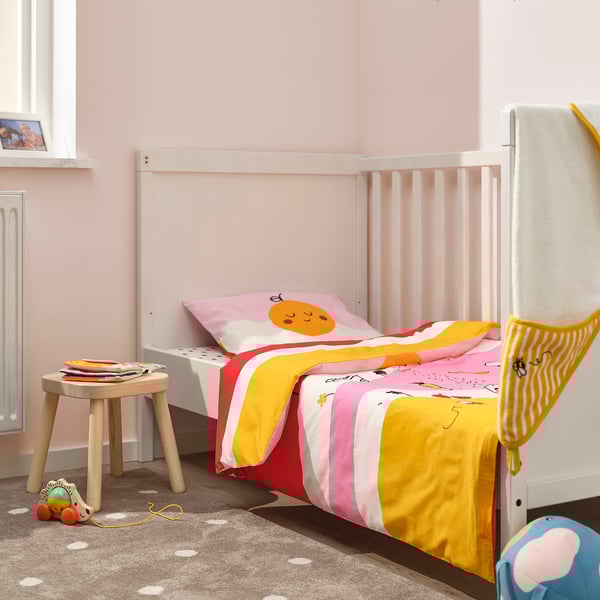 GRÖNFINK - GRÖNFINK Duvet cover 1 pillowcase for cot, multicolour/striped, 110x125/35x55 cm