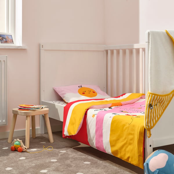 GRÖNFINK duvet cover 1 pillowcase for cot, multicolour/striped, 110x125/35x55 cm