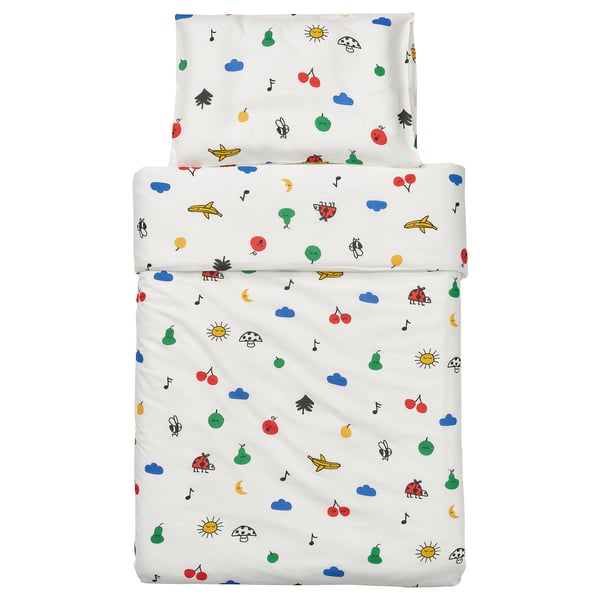 GRÖNFINK duvet cover 1 pillowcase for cot, multicolour, 110x125/35x55 cm