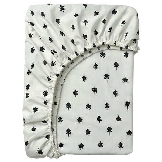 GRÖNFINK - Cot sheet with corners, white/tree motif,60x120 cm