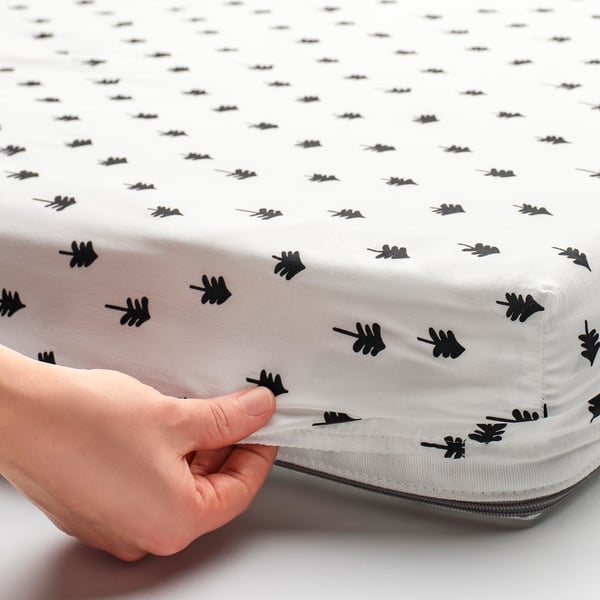 GRÖNFINK fitted sheet for cot, white/tree pattern, 60x120 cm