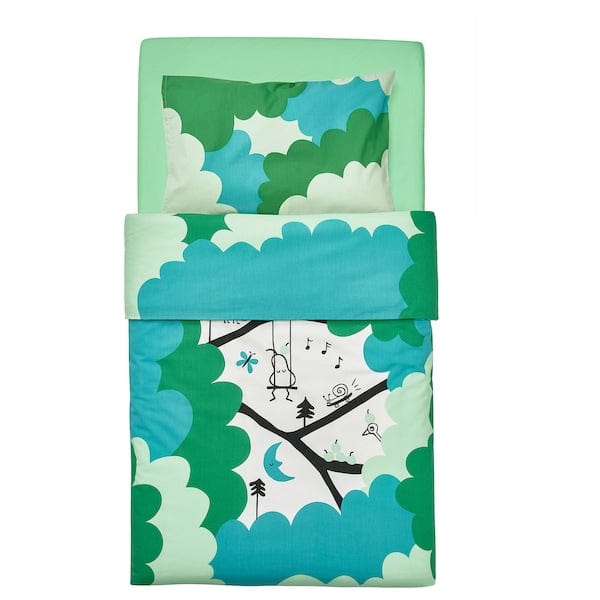 Ikea GRÖNFINK - Cot linen set, 3 pieces, green/turquoise,60x120 cm
