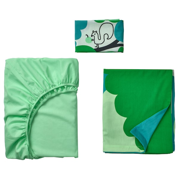 GRÖNFINK - Cot linen set, 3 pieces, green/turquoise,60x120 cm