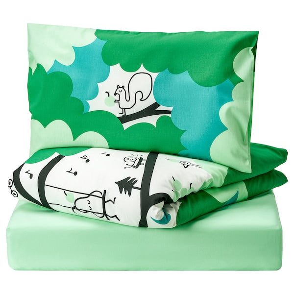 GRÖNFINK - Cot linen set, 3 pieces, green/turquoise,60x120 cm