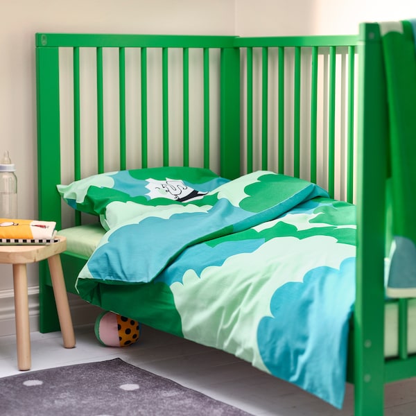 GRÖNFINK - Cot linen set, 3 pieces, green/turquoise,60x120 cm