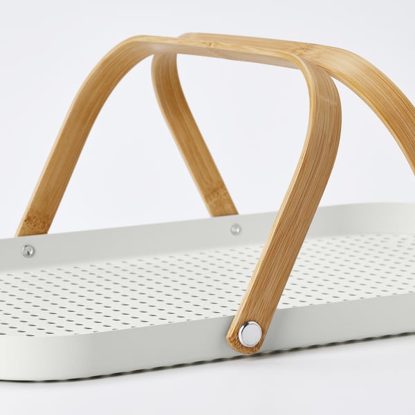 GRÖNFISK - GRÖNFISK Tray with handle, bamboo/white, 46x30 cm