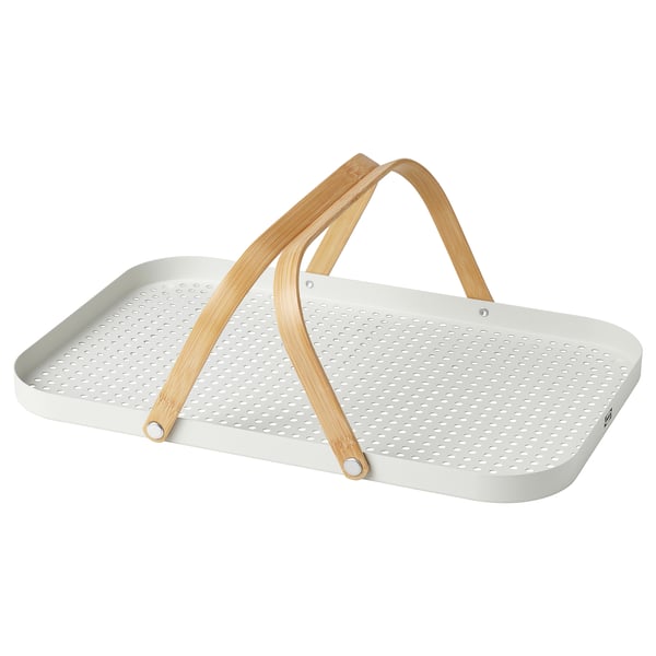 GRÖNFISK - GRÖNFISK Tray with handle, bamboo/white, 46x30 cm