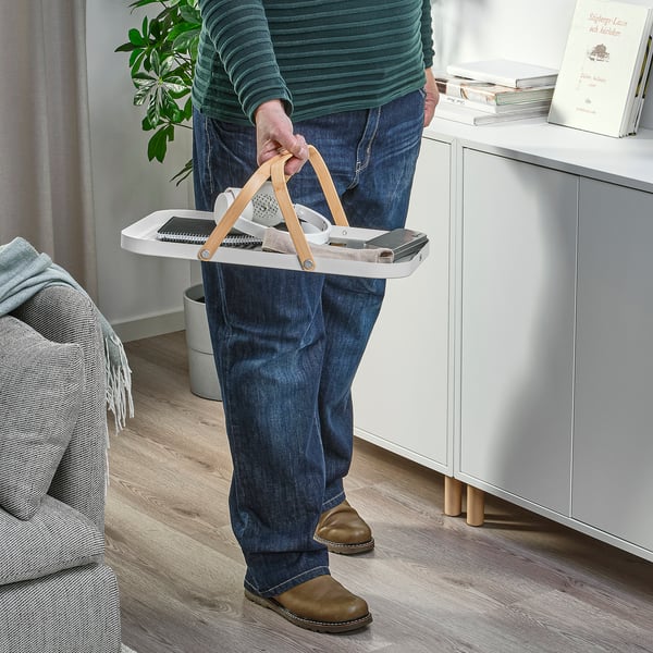GRÖNFISK - GRÖNFISK Tray with handle, bamboo/white, 46x30 cm