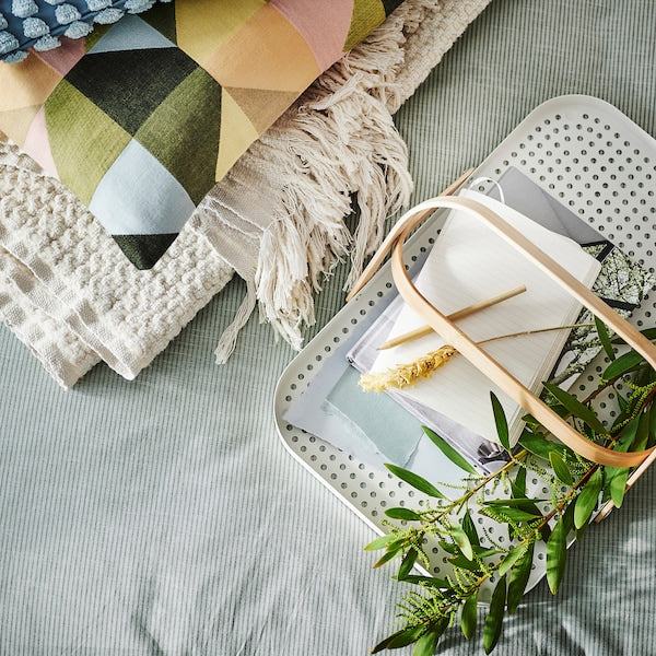 GRÖNFISK - Tray with handle, bamboo/white, 46x30 cm