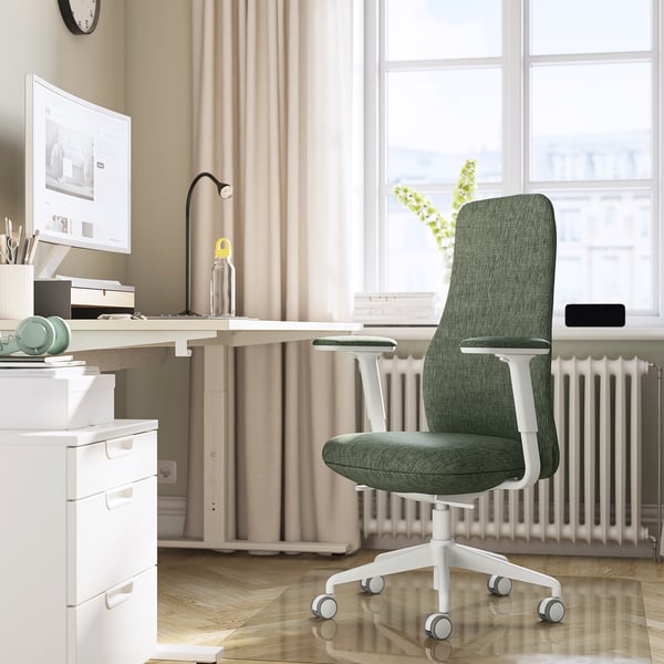 GRÖNFJÄLL office chair with armrests, Letafors grey-green/white, 71 cm