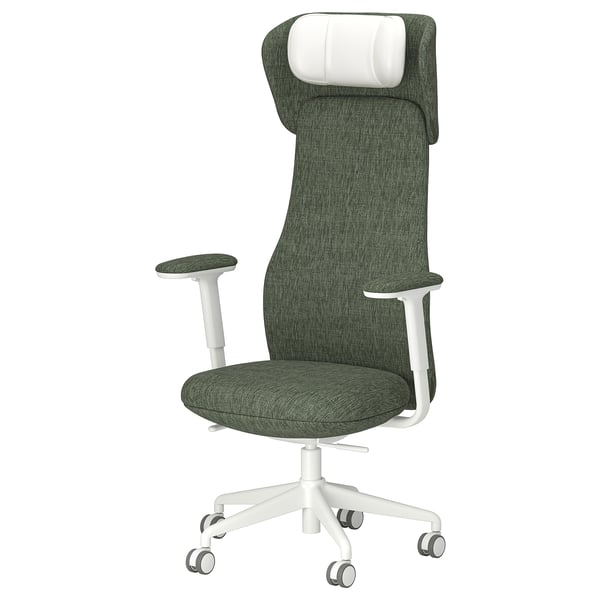 GRÖNFJÄLL office chair with arm/headrest, Letafors green/white, 71 cm