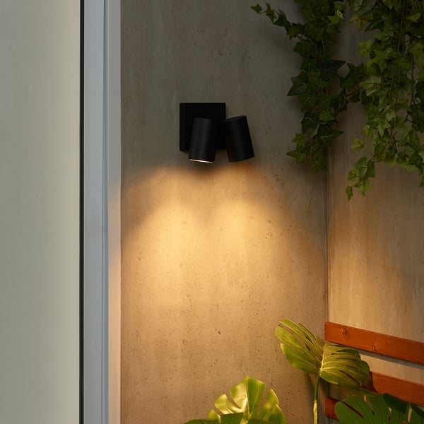 GRÖNSPRÖT wall lamp double, wired-in, outdoor black, 6 cm