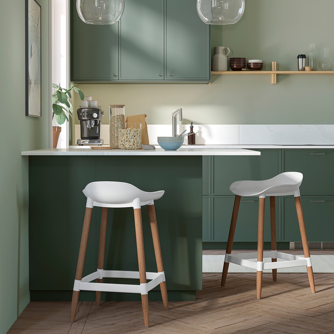 GRÖNSTA bar stool, counter height white/light brown/wood in/outdoor, 64 cm