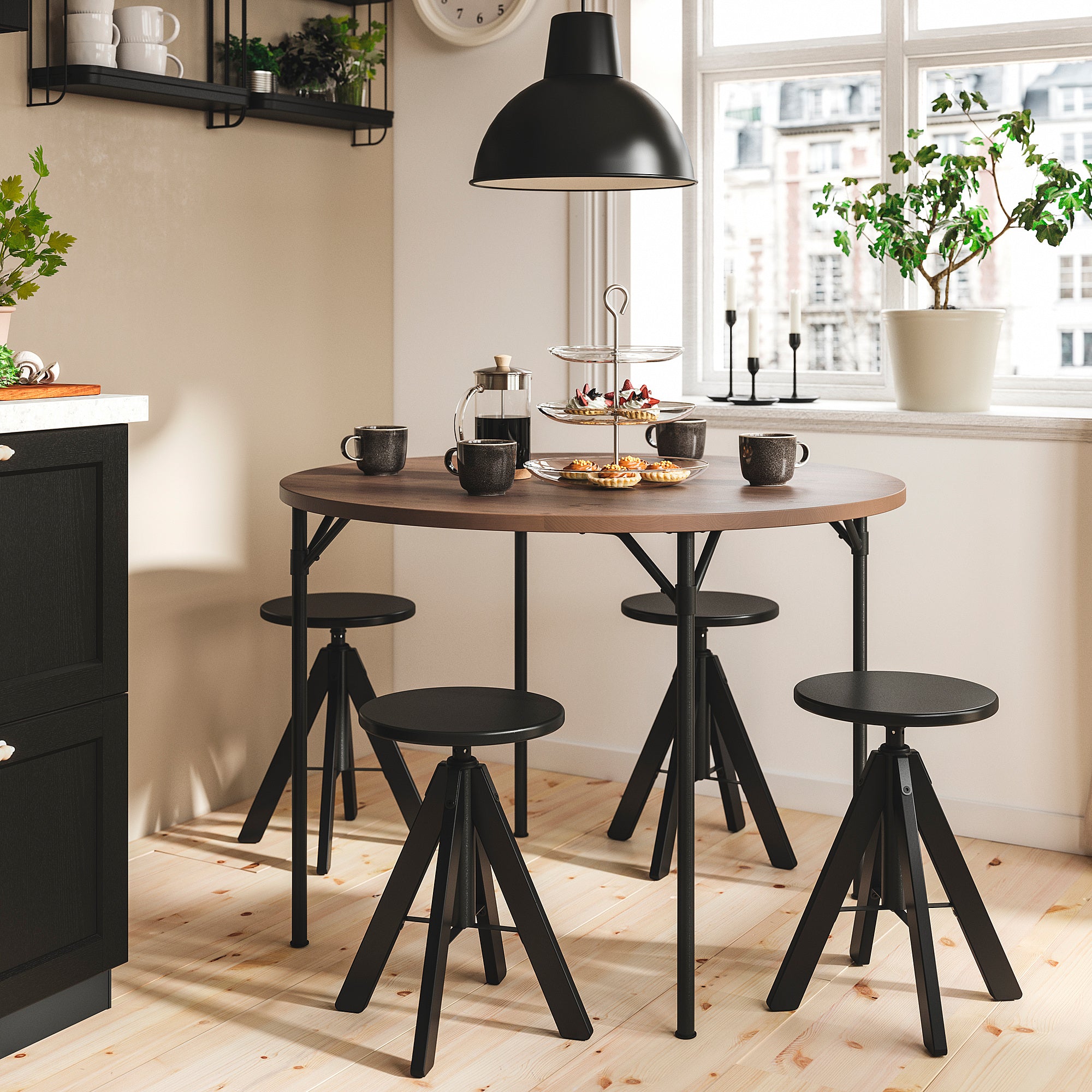 GRÖTÅN / RUDSTORP table and 4 stools, pine brown stained/black, 105 cm
