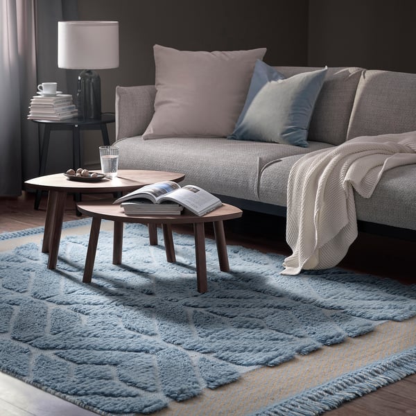 GULDÄXINGAR rug, high pile, blue/grey/handmade, 170x240 cm