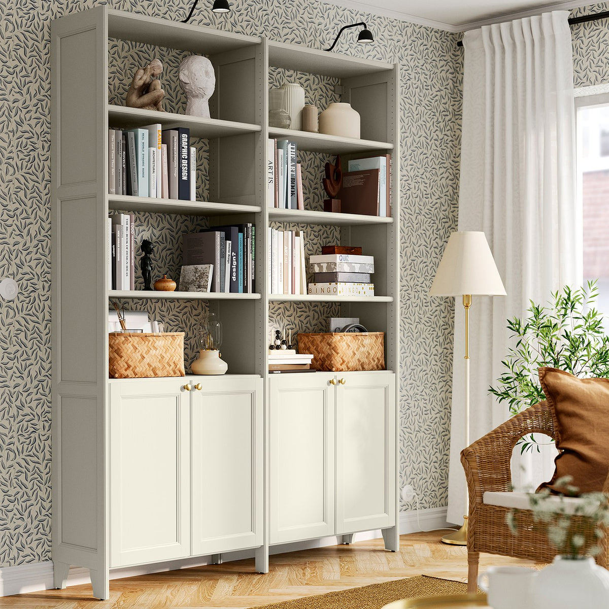 GULDDRAGARE storage combination, beige/with 4 doors with shelves, 159x37x216 cm