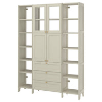 GULDDRAGARE storage combination, beige/clear glass with 3 drawers, 162x37x216 cm