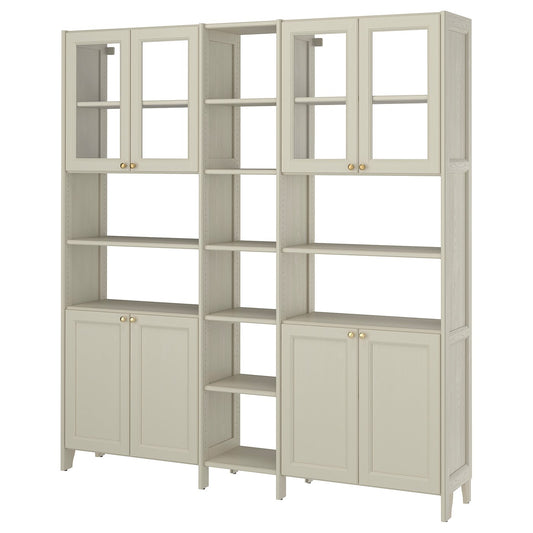 GULDDRAGARE storage combination, beige clear glass/with doors with shelves, 200x37x216 cm