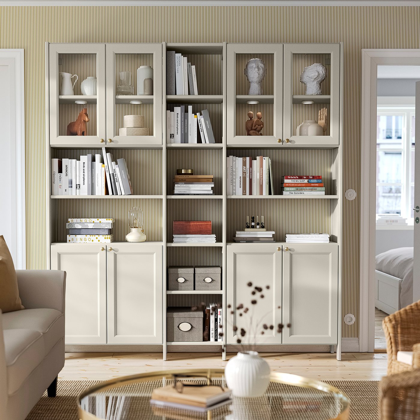 GULDDRAGARE storage combination, beige clear glass/with doors with shelves, 200x37x216 cm