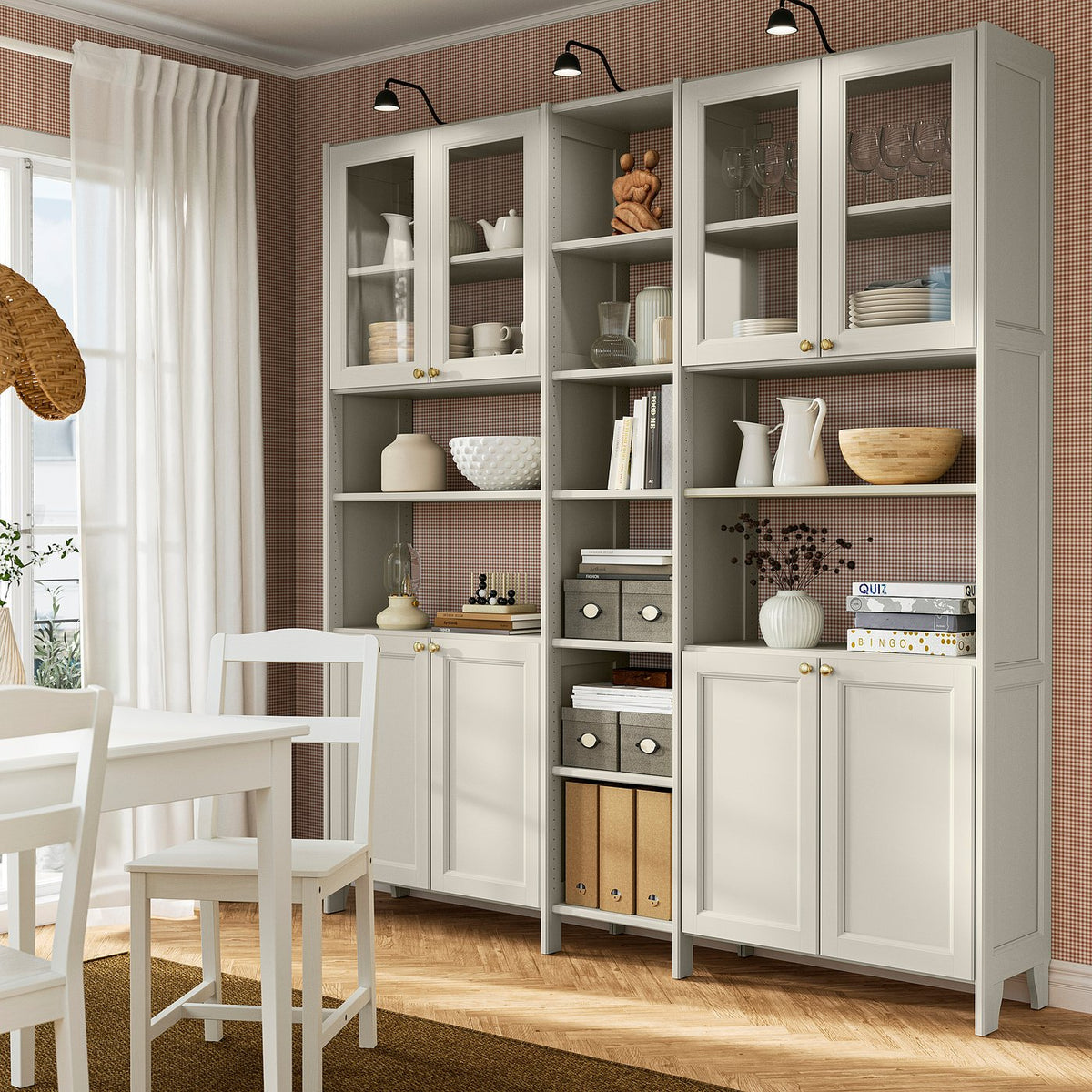GULDDRAGARE storage combination, beige clear glass/with doors with shelves, 200x37x216 cm