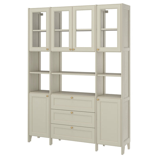 GULDDRAGARE storage combination, beige clear glass/with doors and shelves with 3 drawers, 162x37x216 cm