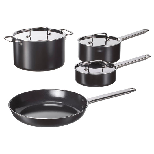 GULDÖRING 7-piece cookware set, non-stick coating stainless steel/black-grey