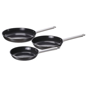 GULDÖRING frying pan, set of 3, non-stick coating stainless steel/black-grey