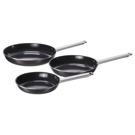 GULDÖRING frying pan, set of 3, non-stick coating stainless steel/black-grey