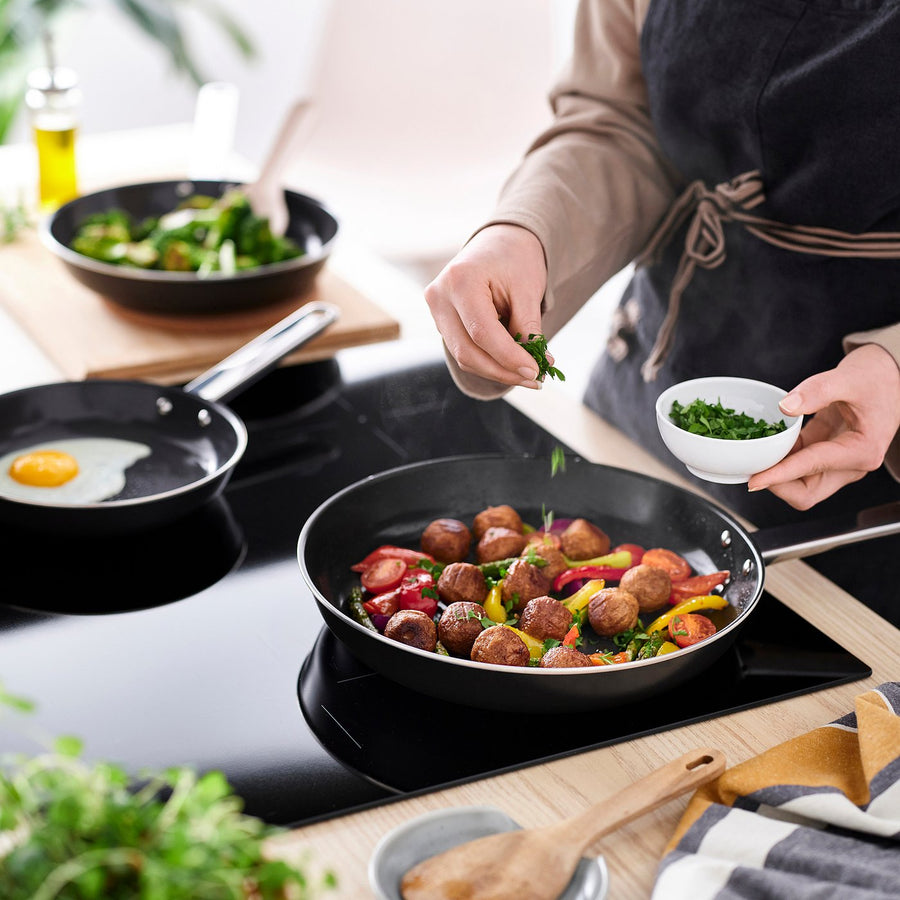 GULDÖRING frying pan, set of 3, non-stick coating stainless steel/black-grey