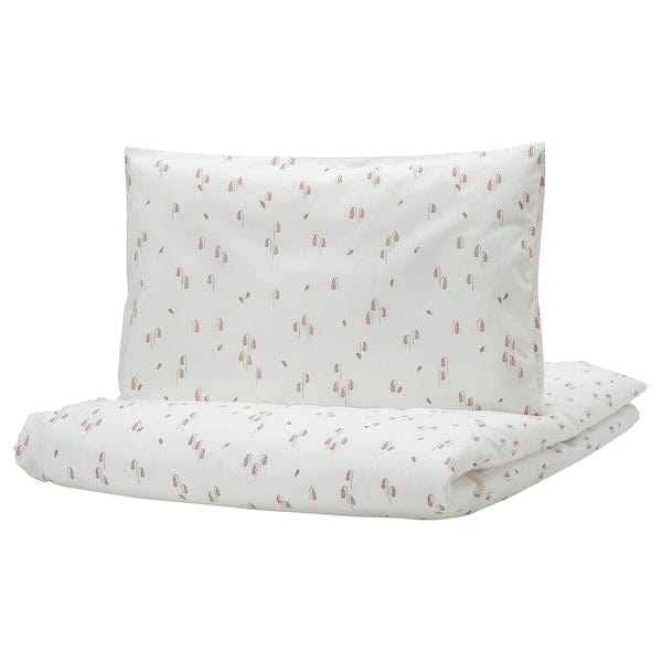 Ikea GULDVÄVARE - Duvet cover and 1 pillowcase for cot, white/floral pattern,110x125/35x55 cm