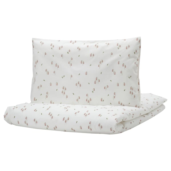 GULDVÄVARE duvet cover 1 pillowcase for cot, white/floral pattern, 110x125/35x55 cm