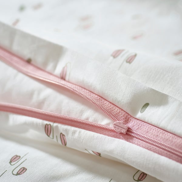 GULDVÄVARE duvet cover 1 pillowcase for cot, white/floral pattern, 110x125/35x55 cm